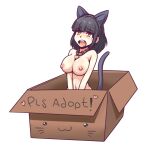  1girl :3 animal_ears black_hair box breasts breasts_squeezed_together cardboard_box cat_ears cat_girl cat_tail collar english_text fake_animal_ears for_adoption heart in_box in_container ink_(inksgirls) large_breasts long_hair navel nipples nude open_mouth original simple_background solo tail v_arms white_background yellow_eyes 