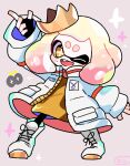  1girl boots bright_pupils commentary cross-laced_footwear crown full_body gradient_hair grey_background inkling jacket medium_hair mole mole_under_mouth multicolored_hair one_eye_closed open_clothes open_jacket open_mouth pantyhose pearl_(splatoon) pink_hair puffy_sleeves simple_background sleeves_past_wrists smile solo splatoon_(series) splatoon_3 splatoon_3:_side_order standing star-shaped_pupils star_(symbol) symbol-only_commentary symbol-shaped_pupils teeth tentacle_hair thick_eyebrows two-tone_hair upper_teeth_only white_footwear white_hair white_jacket white_pupils yellow_eyes yellow_headwear yoshishi_(yosisitoho) 