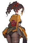  1girl absurdres ass brown_hair chiori_(genshin_impact) cowboy_shot drill_hair genshin_impact gloves haori highres japanese_clothes long_hair looking_at_viewer mini2chainz pantyhose ponytail red_eyes short_sleeves sketch solo standing thighs 