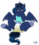 anthro anthrofied blush bodily_fluids camisole clothed clothing diaper embarrassed equid equine feathered_wings feathers female friendship_is_magic genital_fluids hasbro hi_res holding_face hooves horn lying mammal my_little_pony mythological_creature mythological_equine mythology princess_luna_(mlp) solo sparkles spread_legs spreading stargal_galexi underwear urine wearing_diaper wet_diaper wetting winged_unicorn wings