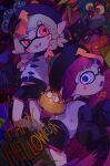  2girls black_headwear black_shorts blonde_hair blue_pupils braid bulging_eyes commentary_request facepaint fangs gradient_hair half-closed_eye halloween halloween_bucket happy_halloween highres inkling inkling_girl inkling_player_character jacket jellyfish_(splatoon) looking_back miruko_(mt423324bchoco) multicolored_clothes multicolored_hair multicolored_jacket multiple_girls ofuda ofuda_on_head open_mouth pink_eyes pink_hair pointy_ears purple_hair short_hair shorts sleeves_past_fingers sleeves_past_wrists smallfry_(splatoon) splatoon_(series) splatoon_3 tentacle_hair twin_braids two-tone_jacket wavy_mouth white_eyes white_jacket 