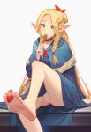  1girl absurdres barefoot between_toes blonde_hair blue_capelet blue_dress blush braid capelet choker collarbone daxieshen_huashi dress dungeon_meshi eating elf eyelashes feet food food_on_face foot_focus foot_out_of_frame foot_up forehead fruit green_eyes grey_background hair_around_ear hair_over_one_eye hands_up highres holding holding_spoon holding_with_feet hood hood_down hooded_capelet knee_up legs long_hair long_sleeves looking_at_viewer marcille_donato panties parted_bangs pointy_ears red_choker signature simple_background sitting soles solo spoon strawberry thighs toes underwear very_long_hair white_panties 