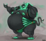2024 anthro belly big_belly big_moobs big_pecs black_body black_fur canid canid_demon canine cerberus cerberus_(fortnite) clothing demon epic_games european_mythology exposed_belly fortnite fur greek_mythology green_hair green_nipples green_toes hair hellhound hi_res huge_belly karrnade male mammal mane midriff moobs multi_head musclegut muscular muscular_anthro muscular_male mythological_canine mythological_creature mythology nipples obese obese_anthro obese_male open_mouth overweight overweight_anthro overweight_male pecs solo standing tail tail_mouth topwear unusual_anatomy unusual_tail vest