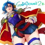  1girl ahoge blue_eyes blue_hair cape crescent crescent_hair_ornament dated hair_ornament highres looking_at_viewer mayashtale open_mouth pointy_ears red_cape rena_lanford short_hair simple_background skirt solo star_ocean star_ocean_the_second_story thighhighs white_background 