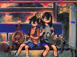  1boy 1girl ahoge backpack bag black_hair blue_shorts brother_and_sister brown_fur bus_stop carmine_(pokemon) closed_mouth colored_inner_hair crossed_bangs crying eyelashes frown grass grey_shirt hair_between_eyes hairband highres kieran_(pokemon) multicolored_hair on_bench outdoors pokemon pokemon_(creature) pokemon_sv poochyena red_hair red_shirt sentret shirt shorts siblings sitting tail tears two-tone_hair v-shaped_eyebrows wrozzii yellow_eyes yellow_hairband 