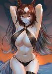  1girl absurdres animal_ears armpits arms_up bikini black_bikini blurry blurry_background blush breasts brown_hair cleavage commentary_request cowboy_shot ear_ornament hair_between_eyes highres horse_ears horse_girl horse_tail large_breasts long_hair multicolored_hair navel outdoors sirius_symboli_(umamusume) smile solo streaked_hair swimsuit tail thigh_strap tomoru_(tomanvil_3) umamusume very_long_hair wet wet_clothes wet_swimsuit white_hair 
