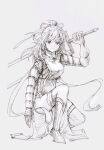  1girl ao_no_kiseki armor boots breasts closed_mouth commentary_request cross-laced_slit eiyuu_densetsu ffuald1013 highres holding holding_sword holding_weapon large_breasts long_hair monochrome on_one_knee rixia_mao simple_background solo sword v-shaped_eyebrows weapon white_background zero_no_kiseki 