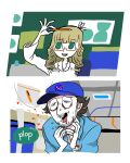  1boy 1girl arm_up bag bags_under_eyes baseball_cap beard bernadette_rostenkowski-wolowitz blonde_hair bloodshot_eyes blue_eyes blue_headwear blue_shirt blunt_bangs breasts cleavage collared_shirt commentary constricted_pupils drooling facial_hair flipped_hair furrowed_brow glasses green_eyes hair_ribbon hands_up hat heart highres howard_wolowitz imagining jewelry kipper_goodbreakfast long_hair looking_at_object mouth_drool mustache nasa_logo necklace open_mouth pen pencil pencil_case plastic_bag print_headwear ribbon ring ringlets shirt smile sparkle spoken_sound_effect sweat symbol-only_commentary the_big_bang_theory very_sweaty watch wedding_ring white_shirt wristwatch 