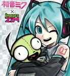  1boy 1girl alien aqua_eyes aqua_hair crossover detached_sleeves gir_(invader_zim) happy hatsune_miku invader_zim kei_(keigarou)_(style) linterteatime long_hair necktie smile solo twintails vocaloid 