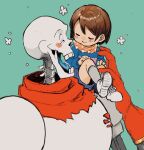  1boy 1other androgynous aqua_background blue_shorts blue_sweater blush_stickers brown_hair carrying carrying_person chara_(undertale) child closed_eyes flower gloves highres ippaiotabe_mkw laughing orange_scarf papyrus_(undertale) person_on_shoulder red_gloves red_scarf scarf short_hair shorts skeleton smile socks striped_clothes striped_sweater sweater teeth undertale white_flower white_footwear white_socks 