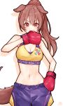  1girl absurdres animal_ears bare_shoulders blush boxing_gloves boxing_shorts breasts brown_eyes brown_hair cleavage dog_ears dog_girl dog_tail hair_between_eyes hair_ornament highres hololive inugami_korone long_hair looking_at_viewer ma_draws navel ponytail shorts smile solo sports_bra tail virtual_youtuber yellow_sports_bra 
