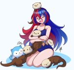  1girl :d alear_(female)_(fire_emblem) alear_(fire_emblem) armpit_crease artist_name blue_hair blue_one-piece_swimsuit breasts cleavage closed_eyes collarbone commentary crossed_bangs english_commentary fire_emblem fire_emblem_engage hair_between_eyes highres long_hair multicolored_hair one-piece_swimsuit open_mouth otter raydango red_hair sea_otter signature simple_background sitting smile sommie_(fire_emblem) split-color_hair swimsuit twitter_username two-tone_hair white_background 