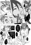  1girl angry animal_ears blush breasts cat_ears chibi comic copyright_request couple cum fellatio greyscale hetero highres itsuki_kousuke long_hair medium_breasts monochrome nipples non-web_source oral penis translation_request twintails 