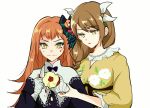  2girls apple black_dress bow breasts brown_hair dress fire_emblem fire_emblem_engage floral_print flower food frown fruit goldmary_(fire_emblem) guiding_hand hair_bow hair_flower hair_ornament highres holding holding_food holding_fruit knife large_breasts multiple_girls oda32t open_mouth orange_hair panette_(fire_emblem) peeling sweat sweatdrop upper_body white_background yellow_dress yellow_eyes 