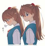  1girl blue_eyes blue_skirt blush bow bowtie breasts breath closed_mouth collared_shirt dress_shirt expressionless from_side hajikkoneko highres interface_headset long_hair long_sleeves looking_down looking_to_the_side loose_hair_strand multiple_views neon_genesis_evangelion profile puff_of_air red_bow red_bowtie red_hair school_uniform shirt short_sleeves sigh simple_background skirt small_breasts solo_focus souryuu_asuka_langley suspender_skirt suspenders tokyo-3_middle_school_uniform translated upper_body v-shaped_eyebrows white_background white_shirt 
