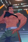  1boy abs bara bare_pectorals black_hair black_tank_top blush clothes_lift green_shorts highres indoors large_pectorals little_mac male_focus milkiato muscular muscular_male navel nipples one_eye_closed open_mouth pectorals punch-out!! short_hair shorts smile solo tank_top wrestling_ring 
