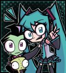  1girl 2boys alien aqua_eyes aqua_hair aqua_necktie crossover detached_sleeves gir_(invader_zim) happy hatsune_miku invader_zim linterteatime long_hair multiple_boys necktie skirt smile solo toon_(style) twintails vocaloid zim_(invader_zim) 