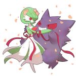  asgr_pww bob_cut dancing dress falling_petals flower gardevoir gengar ghost green_hair hair_flower hair_ornament petals pokemon pokemon_(creature) red_eyes red_ribbon ribbon simple_background smile smirk white_background white_dress 