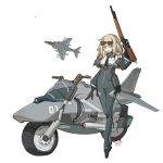  1girl aircraft airplane animal_ears black_gloves blonde_hair bodysuit character_request eyewear_on_head frider full_body gloves gun highres holding holding_gun holding_weapon jacket looking_at_viewer mecha_musume medium_hair motor_vehicle motorcycle necktie open_mouth personification rifle simple_background solo sunglasses vehicle_focus war_thunder weapon white_background yellow_eyes 