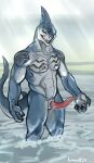 2024 abs animal_genitalia animal_penis anthro biceps bodily_fluids clothing dc_comics digital_media_(artwork) erection fish genital_fluids genitals hi_res king_shark linuell looking_at_viewer male marine muscular muscular_anthro muscular_male nude pecs penis shark simple_background slit smile solo tail tattoo teeth thick_thighs tight_clothing torn_clothing