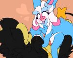 absurd_res anthro between_legs black_body black_fur blue_body blue_fur blush bodily_fluids chest_floof chest_fur duo eeveelution elodie_(emote) emote-o female feral fur generation_4_pokemon generation_6_pokemon genital_fluids genitals heart_eyes heart_symbol hi_res hybrid imminent_sex lopunny luxray male male/female nintendo penile_spines penis pink_eyes pokemon pokemon_(species) precum questionable_consent sitting_on_another sylveon white_body white_fur yellow_body yellow_fur