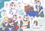  ! !? &gt;_&lt; 6+girls afterimage animal_ears belt black_jacket black_shirt blonde_hair book brown_hair chibi chibi_inset drum drumsticks feather_boa gold_ship_(umamusume) green_headwear green_skirt grey_hair haori hayakawa_tazuna holding holding_book holding_drumsticks horse_ears horse_girl horse_tail hug instrument jacket japanese_clothes kishino long_hair mejiro_palmer_(umamusume) multicolored_hair multiple_girls neo_universe_(umamusume) open_mouth ponytail purple_shirt red_eyes sailor_collar sash shirt shoulder_sash skirt smile speech_bubble splendor_of_onyx_(umamusume) spoken_exclamation_mark streaked_hair taiko_drum tail tokai_teio_(umamusume) tosen_jordan_(umamusume) translation_request twintails umamusume youtube_creator_award 