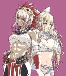  2girls armor bead_necklace beads biceps bikini_armor blonde_hair blue_eyes bow breasts charlotte_(fire_emblem) chest_sarashi cleavage fire_emblem fire_emblem_fates highres jewelry mask mask_on_head multiple_girls muscular muscular_female necklace obliques pauldrons red_eyes rinkah_(fire_emblem) sarashi shoulder_armor umi_(_oneinchswing) wavy_hair white_bow white_hair 