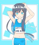  1girl alternate_costume armpits asymmetrical_sidelocks black_hair blue_hair blue_shorts blue_tank_top blush cevio character_name closed_mouth colored_inner_hair crop_top dated dot_nose english_text futaba_minato gradient_hair happy_birthday highres looking_at_viewer multicolored_hair navel shorts sketch smile solo square stomach tank_top wixa14_shin 
