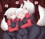  3girls animal_ear_fluff animal_ears ass black_gloves black_necktie black_pants black_vest blush breasts cerberus_(helltaker) cerberus_(helltaker)_(cosplay) chicken_tatsumaki_curry closed_eyes commentary_request cookie_(touhou) cosplay cowboy_shot dutch_angle fangs floppy_ears gloves grin hair_between_eyes heart helltaker highres holding_hands interlocked_fingers inu_(cookie) inubashiri_momiji kuso_inu_(cookie) large_breasts long_bangs looking_at_viewer looking_to_the_side medium_bangs multiple_girls necktie open_mouth pants profile red_eyes red_shirt scarlet_devil_mansion shirt short_hair slit_pupils smile spoken_heart tail touhou vest web_(cookie) white_hair wolf_ears wolf_girl wolf_tail 