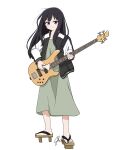  1girl absurdres black_hair black_jacket bocchi_the_rock! chiochiiii commentary cosplay dress full_body geta green_dress highres hiroi_kikuri hiroi_kikuri_(cosplay) inoue_takina jacket long_hair long_sleeves lycoris_recoil open_clothes open_jacket playing_guitar purple_eyes sidelocks signature simple_background solo standing white_background 