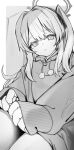  1girl absurdres blue_archive blush greyscale halo highres hood hood_down hoodie izuoku long_hair long_sleeves looking_at_viewer miyako_(blue_archive) monochrome official_alternate_costume one_side_up parted_lips pom_pom_(clothes) solo 