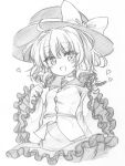  1girl bow breasts collared_shirt frilled_shirt_collar frilled_sleeves frills graphite_(medium) greyscale happy hat hat_bow hat_ribbon head_tilt highres komeiji_koishi long_sleeves looking_at_viewer marukyuu_ameya medium_hair monochrome open_mouth ribbon shirt sketch skirt small_breasts solo touhou traditional_media wide_sleeves 