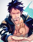  1boy aokamei arm_tattoo bare_pectorals black_coat black_hair coat facial_hair goatee grey_eyes highres long_sideburns male_focus one_piece open_clothes open_coat pectorals resized short_hair sideburns solo tattoo teeth trafalgar_law upscaled 