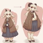 anthro blue_clothing bottomwear bovid braided_hair brown_clothing caprine clothed clothing coat dress female floppy_ears fur goat hair hi_res hooves horizontal_pupils horn long_ears looking_at_viewer mammal pink_nose ponytail pupils red_eyes skirt smile solo tail tateoftot topwear white_body white_fur white_hair