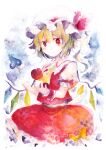  1girl apple ascot blonde_hair closed_mouth collared_shirt cowboy_shot crystal flandre_scarlet food frilled_shirt_collar frilled_skirt frilled_sleeves frills fruit gensou_aporo hair_between_eyes hat hat_ribbon laevatein_(touhou) looking_at_viewer medium_hair mob_cap multicolored_wings one_side_up puffy_short_sleeves puffy_sleeves red_apple red_eyes red_ribbon red_skirt red_vest ribbon ribbon-trimmed_headwear ribbon_trim shirt short_sleeves simple_background skirt sleeve_ribbon solo touhou vest white_background white_shirt wings wrist_cuffs yellow_ascot 