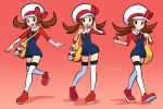  1girl artist_name bag black_eyes blue_overalls brown_hair cabbie_hat closed_mouth eyelashes full_body hat highres holding holding_poke_ball long_hair looking_at_viewer lyra_(pokemon) multiple_views open_mouth overalls poke_ball poke_ball_(basic) pokegear pokemon pokemon_hgss red_background red_footwear red_shirt shirt shoes shoulder_bag smile teeth thighhighs twintails upper_teeth_only vinny_(dingitydingus) white_headwear white_thighhighs yellow_bag 
