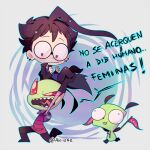  3boys ahoge alien artist_name black_hair boots carrying carrying_person colored_skin dib_(invader_zim) earrings flag gir_(invader_zim) glasses green_skin holding holding_flag invader_zim jewelry multiple_boys pants pink_eyes short_hair spanish_text yoyochaan zim_(invader_zim) zipper 