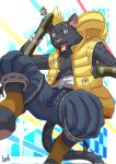 action_pose anthro claw_(world_flipper) clothing cygames felid hi_res holding_object holding_weapon jumping knoll-noru looking_at_viewer male mammal pantherine pecs pose simple_background smile solo tail topwear vest weapon world_flipper