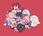 1boy 1other 4girls alfonse_(fire_emblem) ambiguous_gender animal_ears anna_(fire_emblem) black_dress black_eyes blonde_hair blue_eyes blue_hair blush_stickers braid brown_eyes brown_gloves cape chibi closed_eyes commentary_request crown_braid dress fire_emblem fire_emblem_heroes gloves gradient_hair green_eyes hair_ornament hat kiran_(fire_emblem) long_hair lying multicolored_hair multiple_girls mushi_rags on_back pink_hair ratatoskr_(fire_emblem) red_background red_eyes red_hair shaded_face sharena_(fire_emblem) side_ponytail simple_background squirrel_girl squirrel_tail sweatdrop tail tearing_up veronica_(fire_emblem) veronica_(princess_rising)_(fire_emblem) white_cape white_headwear 