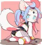 anthro blue_eyes blue_hair blush canid canine canis clothed clothing digital_media_(artwork) female fur hair hi_res husamochi_coo kemono looking_back lying mammal showing_butt simple_background solo tail white_body white_fur wolf