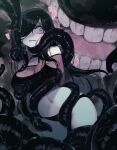  1girl aria_wintermint black_choker black_hair breasts choker english_commentary eyelashes hair_over_one_eye heart highres large_breasts long_hair navel open_mouth parororo scared teeth tentacles the_crawling_city wet 