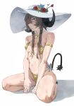  1girl absurdres arknights bare_shoulders bikini blue_eyes blush breasts brown_hair character_request commentary hat highres horns long_hair looking_at_viewer monmon_(sleepymonmon) navel sitting solo sun_hat swimsuit symbol-only_commentary tail wariza yellow_bikini 