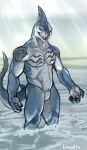 abs anthro biceps dc_comics digital_media_(artwork) fish hi_res king_shark linuell looking_at_viewer male marine muscular muscular_anthro muscular_male nude pecs shark simple_background slit smile solo tail tattoo teeth