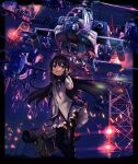  1girl ah-64_apache aircraft akemi_homura black_hair black_pantyhose dress fgm-148_javelin flare helicopter highres japan_ground_self-defense_force japan_self-defense_force long_hair looking_at_viewer mahou_shoujo_madoka_magica mahou_shoujo_madoka_magica_(anime) military missile_pod pantyhose purple_dress purple_eyes shark_nose_art smile solo timmyyen very_long_hair 