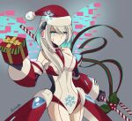  1girl @_@ black_gloves blue_eyes box candy candy_cane closed_mouth food gift gift_box gloves grey_background hat highres holding holding_candy holding_candy_cane holding_food holding_gift ico_(megaman_x_dive) leotard long_hair looking_at_viewer mega_man_(series) mega_man_x_(series) mega_man_x_dive mikan_763 red_headwear robot_girl santa_hat signature solo white_hair 