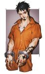  1boy arm_tattoo black_hair blood border breast_pocket bruise buttons chest_tattoo closed_mouth cropped_legs cuffs earrings finger_tattoo handcuffs highres injury jewelry looking_at_viewer male_focus nosebleed one_piece pocket prison_clothes shirt short_hair short_sleeves solo tattoo trafalgar_law white_border white_shirt yonekura_naoyasu 