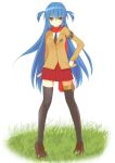  1girl absurdres armband asymmetrical_legwear black_thighhighs blazer blue_hair blush breasts brown_footwear gem grass hand_on_own_hip highres hikounin_sentai_akibaranger ichikawa_aoi inasotsu jacket long_hair necktie nijiyome_gakuen_z-cune_aoi red_gemstone red_scarf scarf school_uniform shoes skirt solo star_(symbol) thighhighs twintails white_background yellow_eyes 