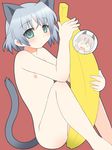  animal_ears banana flat_chest food fruit green_eyes holding holding_food holding_fruit kurappii nude sanya_v_litvyak short_hair silver_hair solo strike_witches tail world_witches_series 