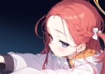  1girl ai-assisted blue_archive blush bow closed_mouth hair_bow halo jacket long_hair long_sleeves looking_at_viewer orange_halo purple_eyes red_hair solo tyureu upper_body white_bow white_jacket yuzu_(blue_archive) 