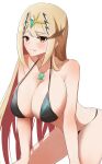  absurdres bikini black_bikini blonde_hair blush breasts chest_jewel commentary_request core_crystal_(xenoblade) embarrassed gem hands_on_own_knees headpiece highres kanuici336 large_breasts leaning_forward light_frown long_hair looking_at_viewer mythra_(xenoblade) sidelocks swept_bangs swimsuit tiara white_background xenoblade_chronicles_(series) xenoblade_chronicles_2 yellow_eyes 